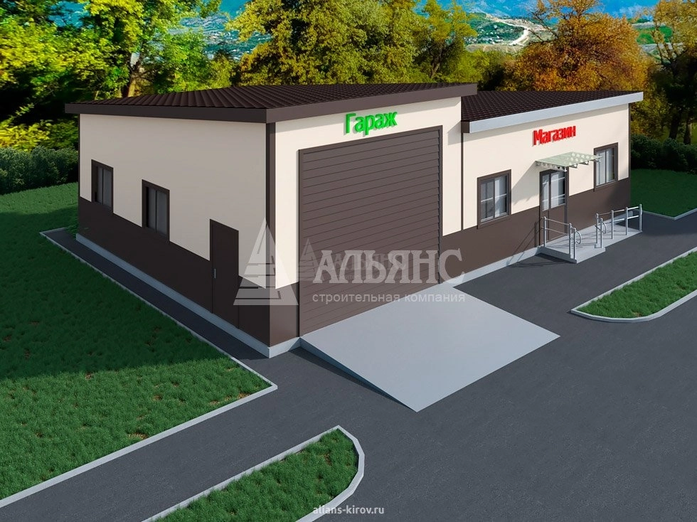 3D визуализация Магазин с гаражом из сэндвич-панелей - фото 1
